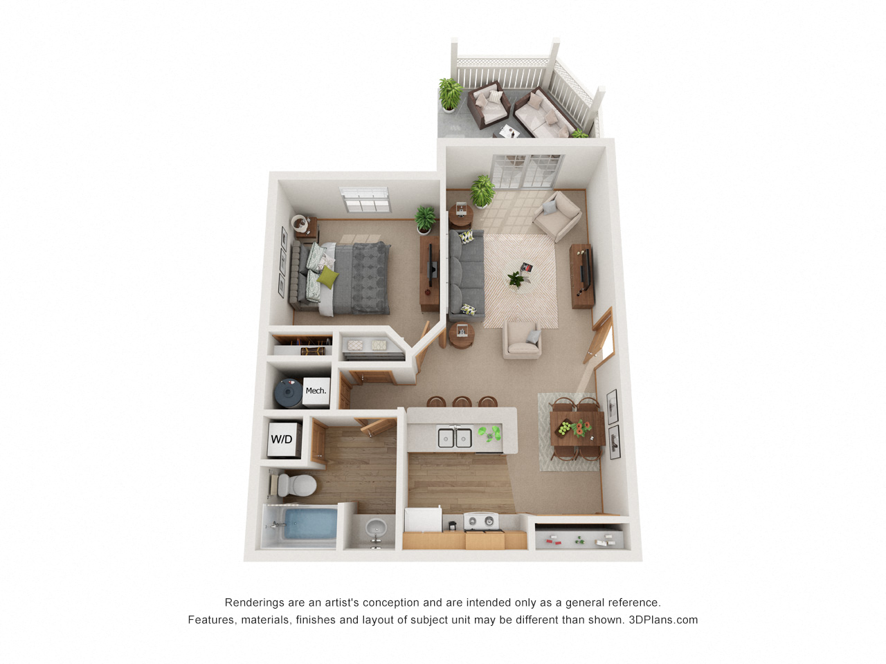 Floor plan for 1 bed, 1 bath, 604 sqft